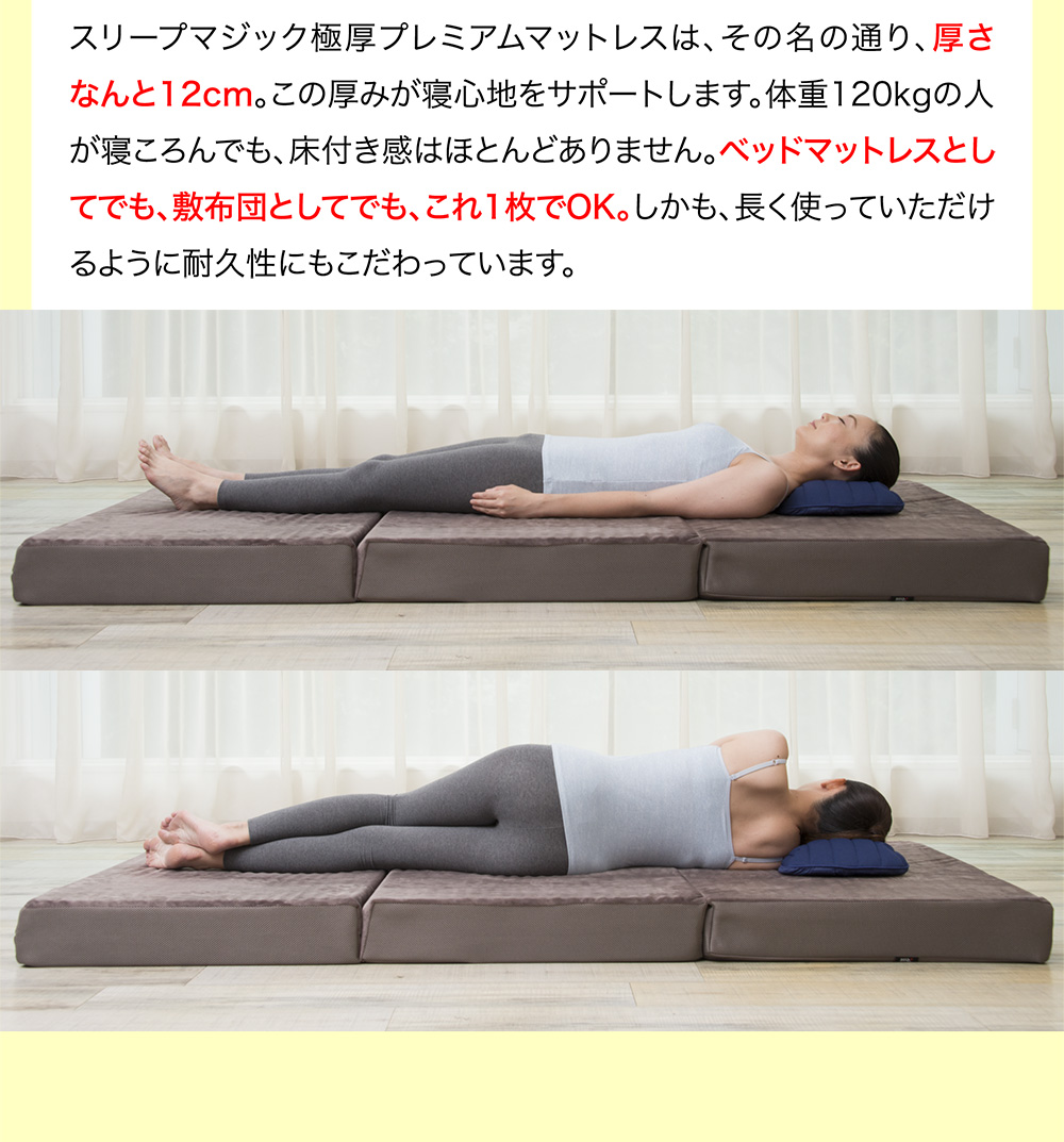 スリープマジック極厚プレミアムマットレスは、その名の通り、厚さなんと12cm。この厚みが寝心地をサポートします。体重120kgの人が寝ころんでも、床付き感はほとんどありません。ベッドマットレスとしてでも、敷布団としてでも、これ1枚でOK。しかも、長く使っていただけるように耐久性にもこだわっています。