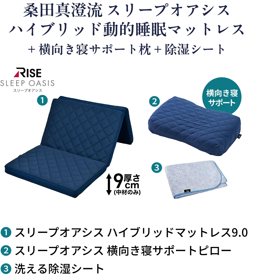 桑田真澄流 スリープオアシス ハイブリッド動的睡眠マットレス + 横向き寝サポート枕 + 除湿シート
