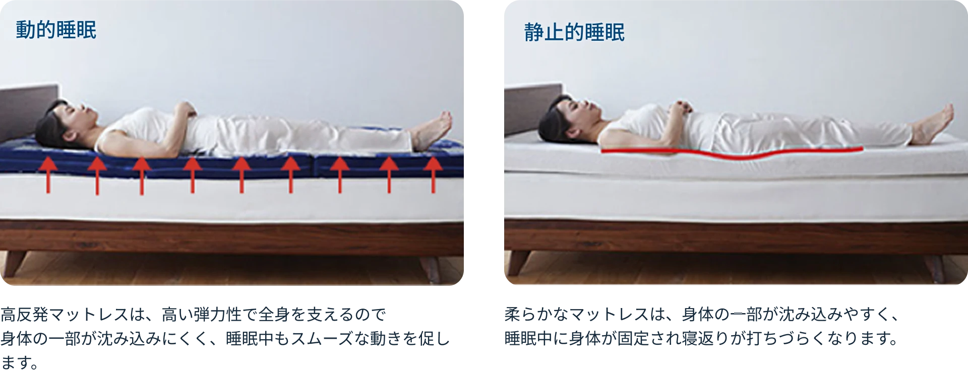 高反発マットレスは、高い弾力性で全身を支えるので身体の一部が沈み込みにくく、睡眠中もスムーズな動きを促します。 柔らかなマットレスは、身体の一部が沈み込みやすく、睡眠中に身体が固定され寝返りが打ちづらくなります。